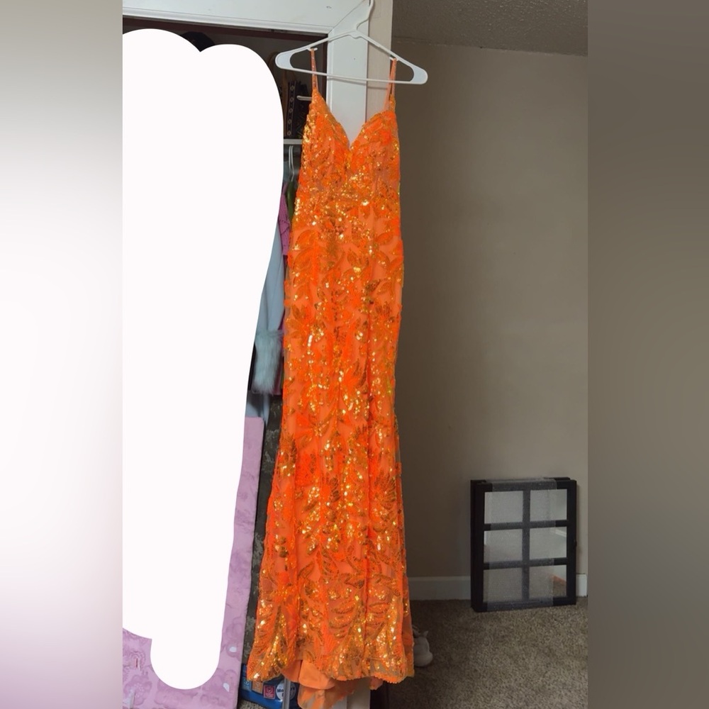 Orange Sequin Spaghetti-Strap Evening Gown